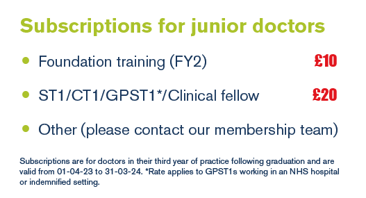Image with subscriptions for junior doctors, FY2 £10, ST1/CT1/GPST1/Clinical Fellow £48. Subscriptions are for doctors in their third year of practice following graduation. Valid 1 April 2023 to 31 March 2024